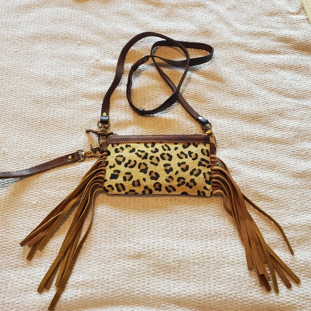 American Darling Leopard Cowhide Fringe Crossbody Bag Brown Leather Western Sz S